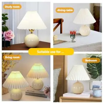 Bedside Table Lamp for Bedroom, Cute Small Pleated Lamps for Nightstand, Modern Circular Ceramic Night stand Lamps, Night Light, Decor Desk Lamp for Living Room Kids Room Dorm Office With E26 LED Bulb