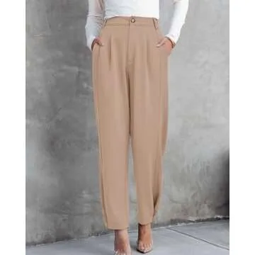 BTFBM Women's 2025 Casual Button Down Pants Elastic High Waist Business Work Trousers Long Straight Slacks with Pockets(Solid Beige, Small)