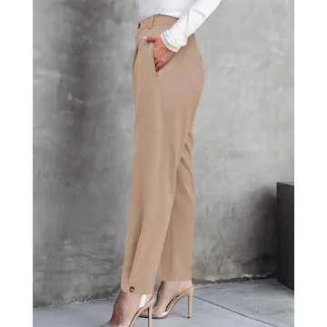 BTFBM Women's 2025 Casual Button Down Pants Elastic High Waist Business Work Trousers Long Straight Slacks with Pockets(Solid Beige, Small)