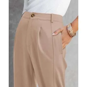 BTFBM Women's 2025 Casual Button Down Pants Elastic High Waist Business Work Trousers Long Straight Slacks with Pockets(Solid Beige, Small)