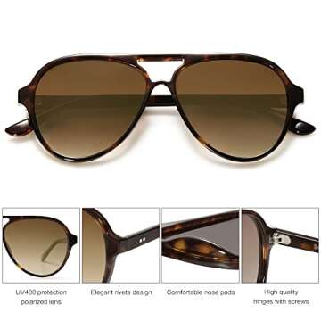 SOJOS Classic Polarized Aviator Sunglasses Womens Mens Retro Double Bridge Aviators SJ2201, Dark Tortoise/Brown