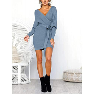Stylish Mansy Women's Batwing Sweater Dress in Blue