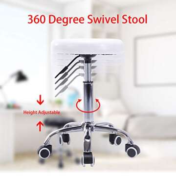 Costway Rolling Stool Ergonomic Swivel Adjustable Hydraulic Drafting Salon Massage Spa Stool with Comfortable Larger Cushioned Seat, Chrome Metal Base (White)