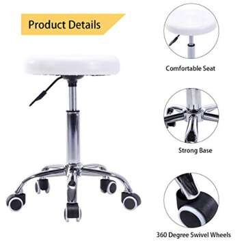 Costway Rolling Stool Ergonomic Swivel Adjustable Hydraulic Drafting Salon Massage Spa Stool with Comfortable Larger Cushioned Seat, Chrome Metal Base (White)