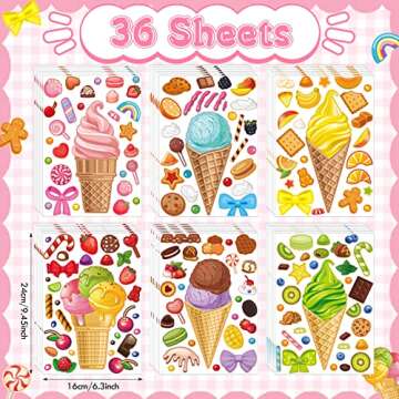 Fuutreo 36 Sheets Ice Cream Stickers Make Your Own Ice Cream Stickers Mix and Match DIY Summer Desse...