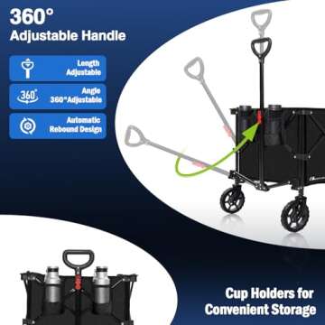 Moon Lence Collapsible Folding Wagon Cart Heavy Duty Folding Garden Portable Hand Cart with All-Terrain Beach Wheels, Adjustable Handle & Drink Holders (Black)