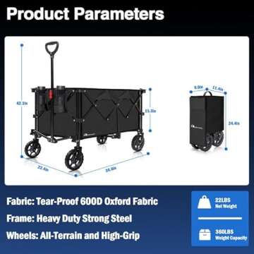 Moon Lence Collapsible Folding Wagon Cart Heavy Duty Folding Garden Portable Hand Cart with All-Terrain Beach Wheels, Adjustable Handle & Drink Holders (Black)