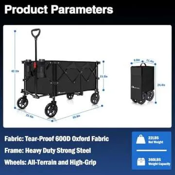 Moon Lence Collapsible Folding Wagon Cart Heavy Duty Folding Garden Portable Hand Cart with All-Terrain Beach Wheels, Adjustable Handle & Drink Holders (Black)