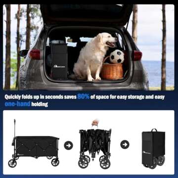 Moon Lence Collapsible Folding Wagon Cart Heavy Duty Folding Garden Portable Hand Cart with All-Terrain Beach Wheels, Adjustable Handle & Drink Holders (Black)