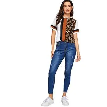 Floerns Leopard Print Color Block T-Shirt for Women