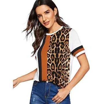 Floerns Leopard Print Color Block T-Shirt for Women