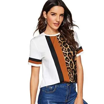 Floerns Leopard Print Color Block T-Shirt for Women