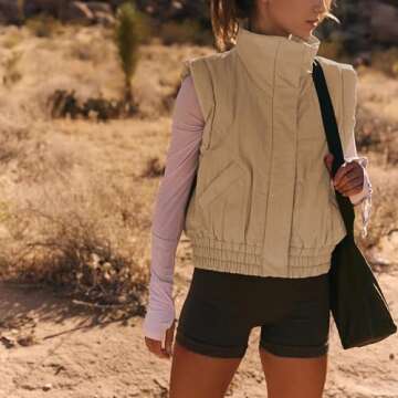 Ainangua Women Cropped Puffer Vest Button Sleeveless Light Jacket Scrunch Stand Collar Essentials Gilet with Pockets (Light-Khaki,S)