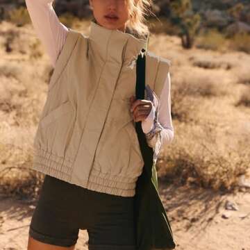 Ainangua Women Cropped Puffer Vest Button Sleeveless Light Jacket Scrunch Stand Collar Essentials Gilet with Pockets (Light-Khaki,S)