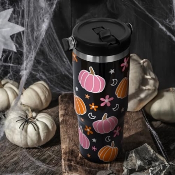 Halloween Tumbler with Lid and Straw 30oz,Pink Pumpkin Star Moon Vacuum Insulated Leak Proof Fall Tumbler,Goth Cute Spooky Gift Women Kids Teen Girls,Halloween Accessories Stainless Steel Coffee Cup