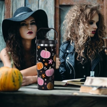 Halloween Tumbler with Lid and Straw 30oz,Pink Pumpkin Star Moon Vacuum Insulated Leak Proof Fall Tumbler,Goth Cute Spooky Gift Women Kids Teen Girls,Halloween Accessories Stainless Steel Coffee Cup