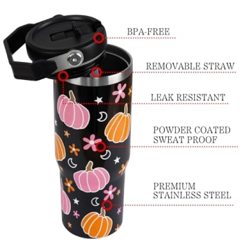 Halloween Tumbler with Lid and Straw 30oz,Pink Pumpkin Star Moon Vacuum Insulated Leak Proof Fall Tumbler,Goth Cute Spooky Gift Women Kids Teen Girls,Halloween Accessories Stainless Steel Coffee Cup