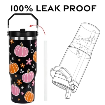 Halloween Tumbler with Lid and Straw 30oz,Pink Pumpkin Star Moon Vacuum Insulated Leak Proof Fall Tumbler,Goth Cute Spooky Gift Women Kids Teen Girls,Halloween Accessories Stainless Steel Coffee Cup