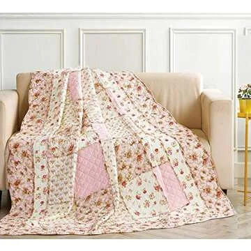 Cozyholy Original 100% Cotton Patchwork Quilt Twin Size Pink Floral Bedspread Coverlet Reversible Vintage Shabby Chic Quilted Throw Blanket Bed Quilt Cover for Couch Sofa