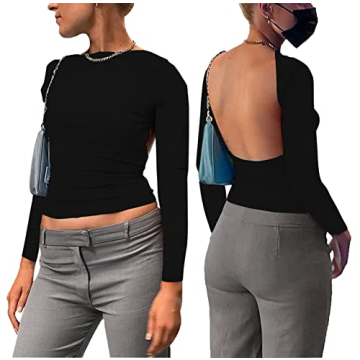 Backless Tops for Women Sexy - Casual Y2K Crop Shirts Long Sleeve Crewneck Slim Fit Cut Out Tees Bla...
