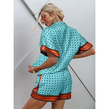 OYOANGLE Women's 2 Piece Outfits Boho Button Front Short Sleeve Printed Blouse Paperbag Waist Shorts Romper