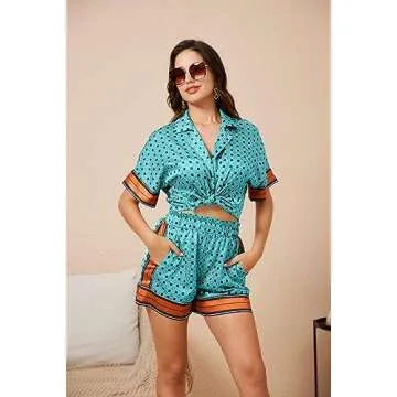 OYOANGLE Women's 2 Piece Outfits Boho Button Front Short Sleeve Printed Blouse Paperbag Waist Shorts Romper