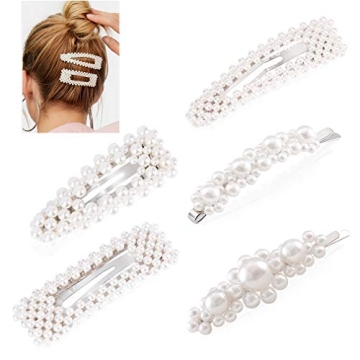 Cubaco Pearls Hair Clips for Girls Women Wedding Bridal,Hair Barrettes Hair Pins 5 Pack Silver Diffe...