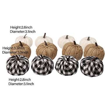 winemana Set of 12 Assorted Pumpkin Decorations, Realistic Lifelike White Pumpkins Burlap Pumpkins and Pumpkins in Lattice Pattern for Thanksgiving Indoor Outdoor Decoration Photo Props