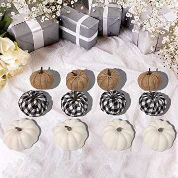 winemana Set of 12 Assorted Pumpkin Decorations, Realistic Lifelike White Pumpkins Burlap Pumpkins and Pumpkins in Lattice Pattern for Thanksgiving Indoor Outdoor Decoration Photo Props