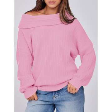 Saodimallsu Womens Off The Shoulder Sweater Top Oversized 2024 Fall Batwing Boat Neck Knit Sexy Casual Pullover Pink