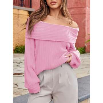 Saodimallsu Womens Off The Shoulder Sweater Top Oversized 2024 Fall Batwing Boat Neck Knit Sexy Casual Pullover Pink