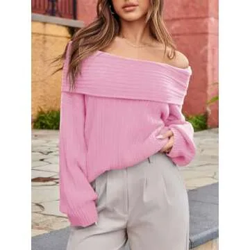 Saodimallsu Womens Off The Shoulder Sweater Top Oversized 2024 Fall Batwing Boat Neck Knit Sexy Casual Pullover Pink