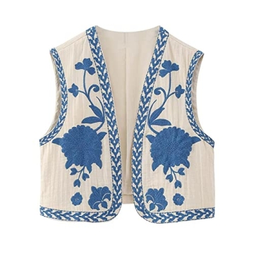 Ynocfri Embroidered Vest Tops for Women: Vintage Boho Floral Cardigan