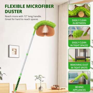 Zavrski Ceiling Fan Cleaner Duster with 6 Ft/72'' Extension Pole High Ceiling Fan Blade Cleaning Tool Microfiber Duster Reusable Pads for Cleaning Ceiling Fan, Baseboard, Blind, Cobweb, Molding