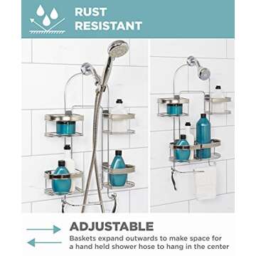 Zenna Home Hanging Shower Caddy with 4 Expandable Baskets, Razor Holders, and Hooks, Chrome with Bru...