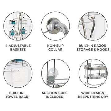 Zenna Home Hanging Shower Caddy with 4 Expandable Baskets, Razor Holders, and Hooks, Chrome with Brushed Nickel Accents – Rust Resistant Shower Rack, No Drilling – Over Shower Head Organizer