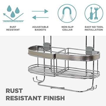 Zenna Home Hanging Shower Caddy with 4 Expandable Baskets, Razor Holders, and Hooks, Chrome with Brushed Nickel Accents – Rust Resistant Shower Rack, No Drilling – Over Shower Head Organizer