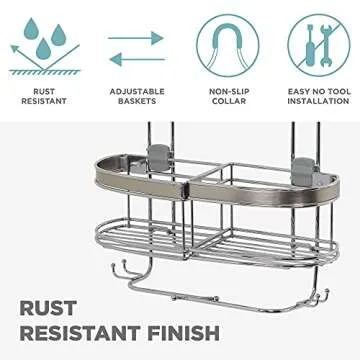 Zenna Home Hanging Shower Caddy with 4 Expandable Baskets, Razor Holders, and Hooks, Chrome with Brushed Nickel Accents – Rust Resistant Shower Rack, No Drilling – Over Shower Head Organizer