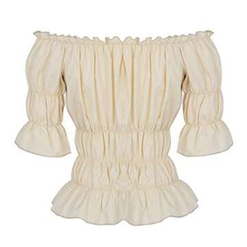 Women Renaissance Blouse Victorian Steampunk Pirate Shirt Off Shoulder Short Sleeve Smocked Blouse Tops Beige X-Large