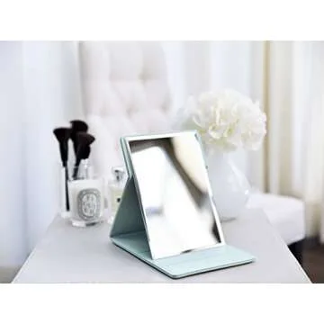 MODESSE Portable Makeup Mirror with Stand & Vegan Leather Cover - Vanity Mirror for Travel, Home, Office - Beauty Gifts for Bridesmaids, Women & Girls (Mint)