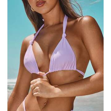 Two Piece Light Purple Swimsuits for Women Sexy Halter Triangle Bralettes Bikini Set Cheeky High Wasited Bathing Suits S