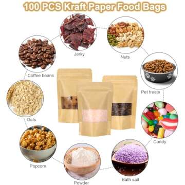 Blisstime Stand Up Pouch Bags, 100 Pack Kraft Paper Zip Lock Bags with Matte Window and Tear Notch Resealable Bags for Small Business Home Use (3.5 X 5.5 Inches)
