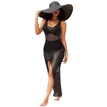 Women Sexy Bikini Cover Up Casual Scoop Neck Sleeveless See Through Crochet Mesh Swimwear Summer Bea...