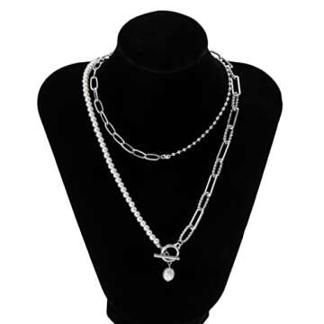 Bethynas Dainty Silver Layered Baroque Pearl OT Clasp Necklace Stacking Beaded Ball Chain Paperclip Pearl Chain Retro Necklace for Women