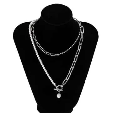 Bethynas Dainty Silver Layered Baroque Pearl OT Clasp Necklace Stacking Beaded Ball Chain Paperclip Pearl Chain Retro Necklace for Women