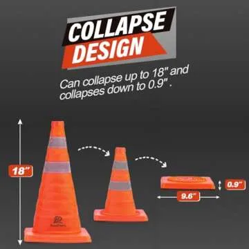 RoadHero 18 Inch 8 Pack Collapsible Traffic Cones, Multi Purpose Pop-up Orange Cones with Reflective Collar for Road Safety, Parking Cones for Sports, Driving Training