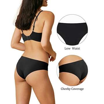 SHARICCA Women Seamless Cheeky Bikini No Show Panties Ladies Invisible Breathable Hipster Soft Stretch Underwear 6 Pack (3 Black 3 Beige,S)