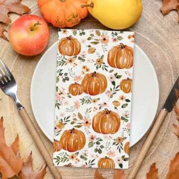 Generic AnyDesign 80Pcs Fall Guest Napkin Watercolor Floral Pumpkin Disposable Paper Napkin Autumn Flower Dinner Hand Napkin for Thanksgiving Harvest Bathroom Supplies, 4.3 x 7.8 inch