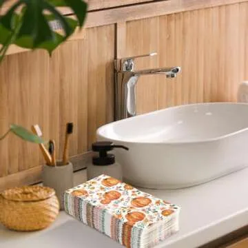 Generic AnyDesign 80Pcs Fall Guest Napkin Watercolor Floral Pumpkin Disposable Paper Napkin Autumn Flower Dinner Hand Napkin for Thanksgiving Harvest Bathroom Supplies, 4.3 x 7.8 inch