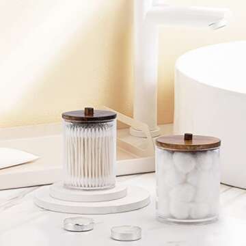 6 Pack Qtip Holder - 12oz 10oz Clear Cotton Ball Cotton Swab Holder for Restroom Bathroom Organizers and Storage Containers, Plastic Apothecary Jars with Wood Lids